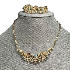 Vintage Necklace & Bracelet Set Blue Crystal Gems Gold Tone Costume Jewelry